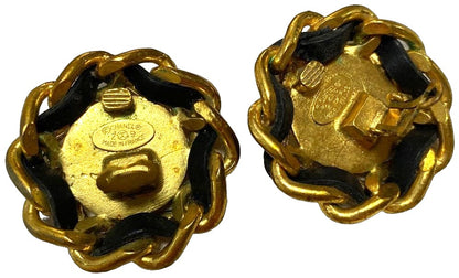 CHANEL CC Logo Chain Leather Clip-On Earrings Gold Black Large 4cm Vintage Used