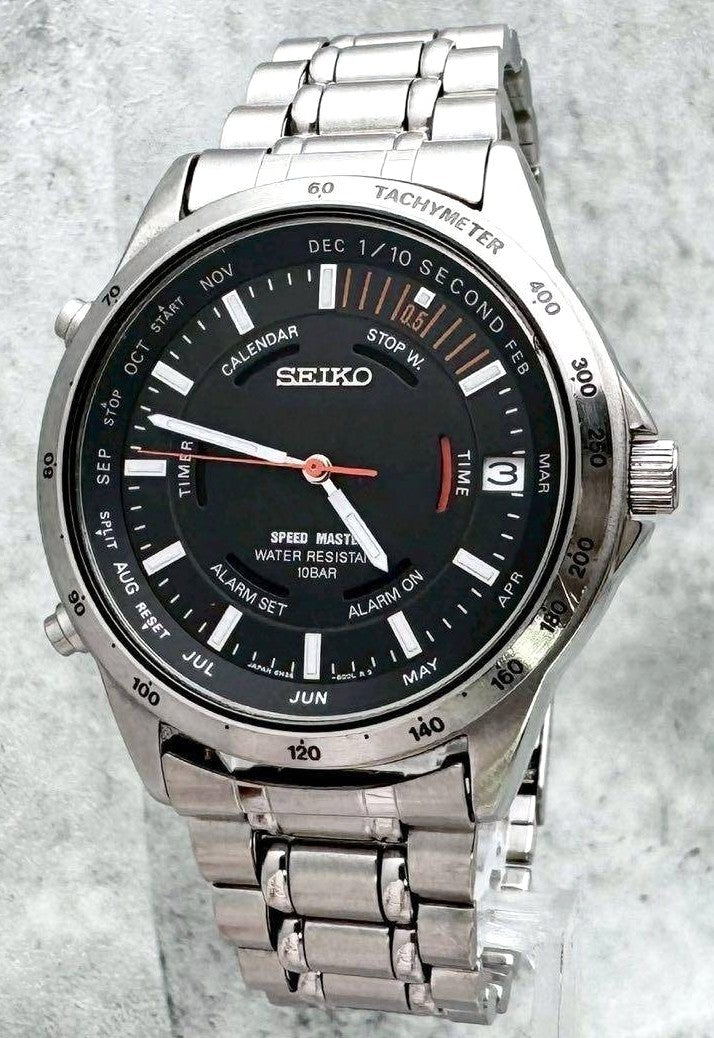 SEIKO Speed Master 6M26-6000 Black Dial Quartz Watch Steel 37.9mm Japan Used