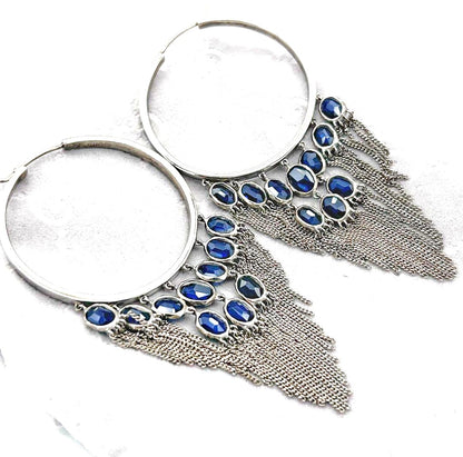 GUCCI 925 Silver Chandelier Hoop Earrings Navy Blue Stone Fringe Chain 9.5cm