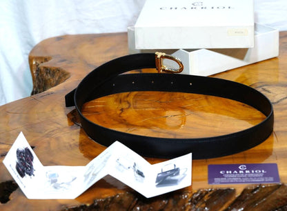 CHARRIOL Cable Buckle Leather Belt Black Gold Silver Hardware Made in France