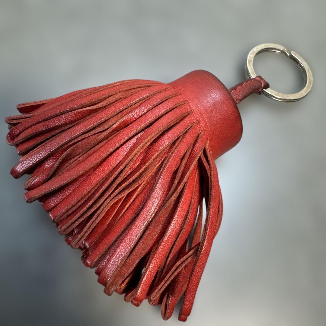 HERMES Carmen Leather Tassel Bag Charm Keychain Red Silver HW Vintage France