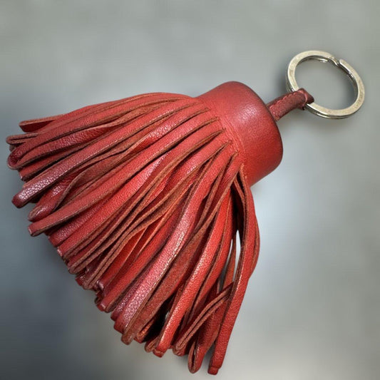 HERMES Carmen Leather Tassel Bag Charm Keychain Red Silver HW Vintage France