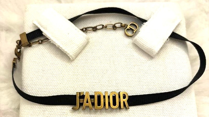 Christian Dior J'ADIOR Choker Necklace Black Ribbon Antique Gold Logo Authentic