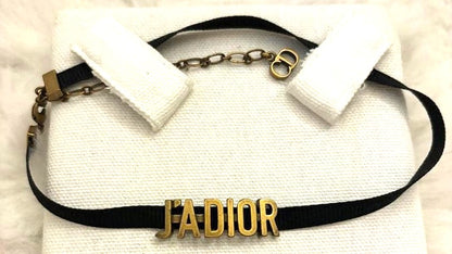 Christian Dior J'ADIOR Choker Necklace Black Ribbon Antique Gold Logo Authentic