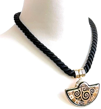 MICHAELA FREY WIEN Klimt Enamel Pendant Necklace Gold Black Vintage Austria