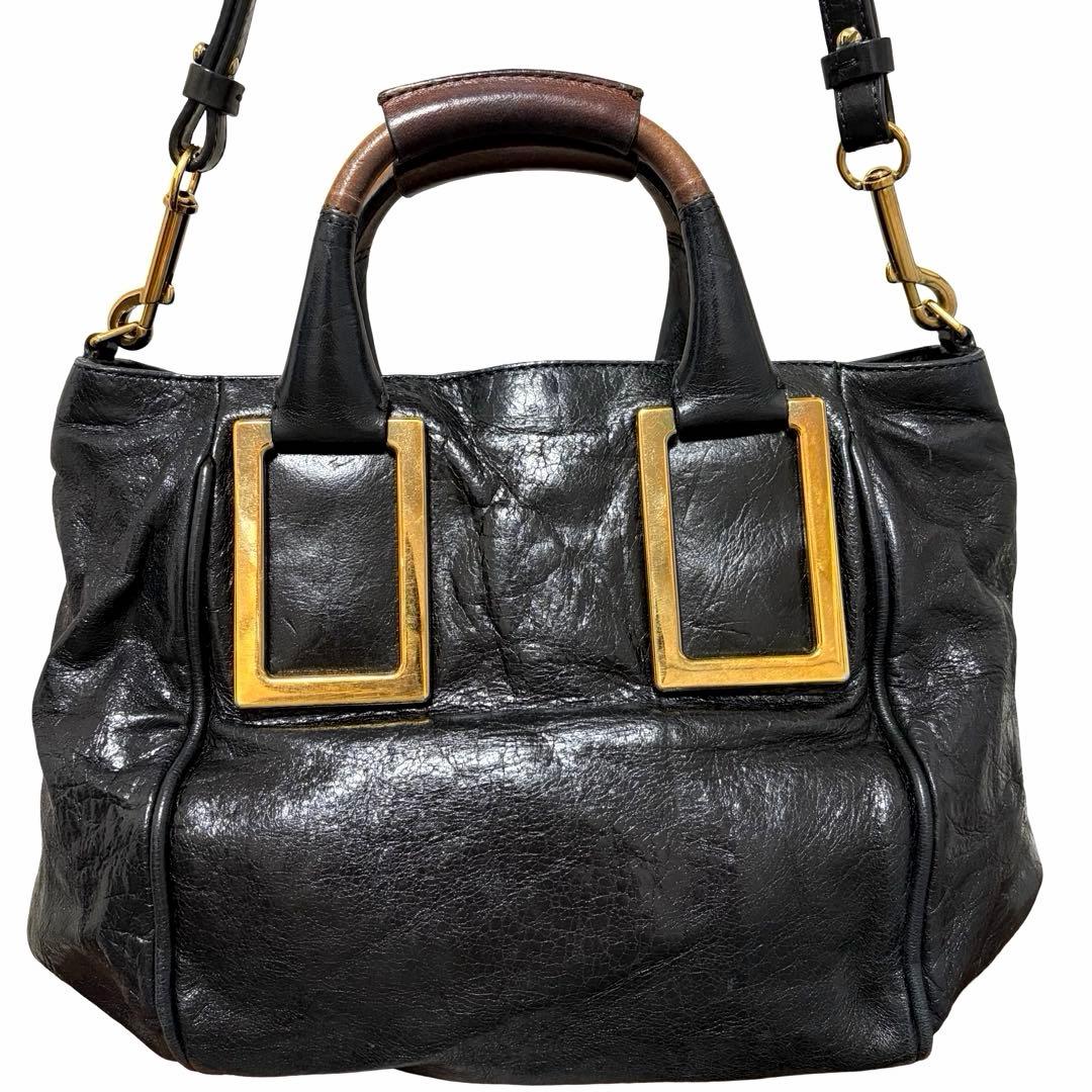 Chloe Ethel 2way Tote Bag Black Leather Gold Square Hardware Shoulder Handbag
