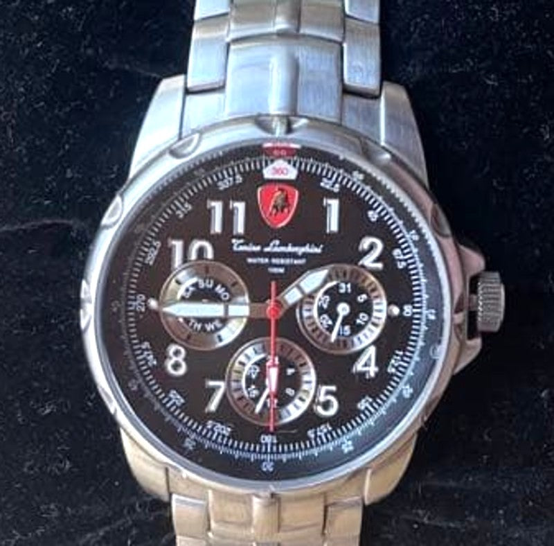 Tonino Lamborghini Chronograph Watch Silver Stainless Steel Black Dial Box 2002