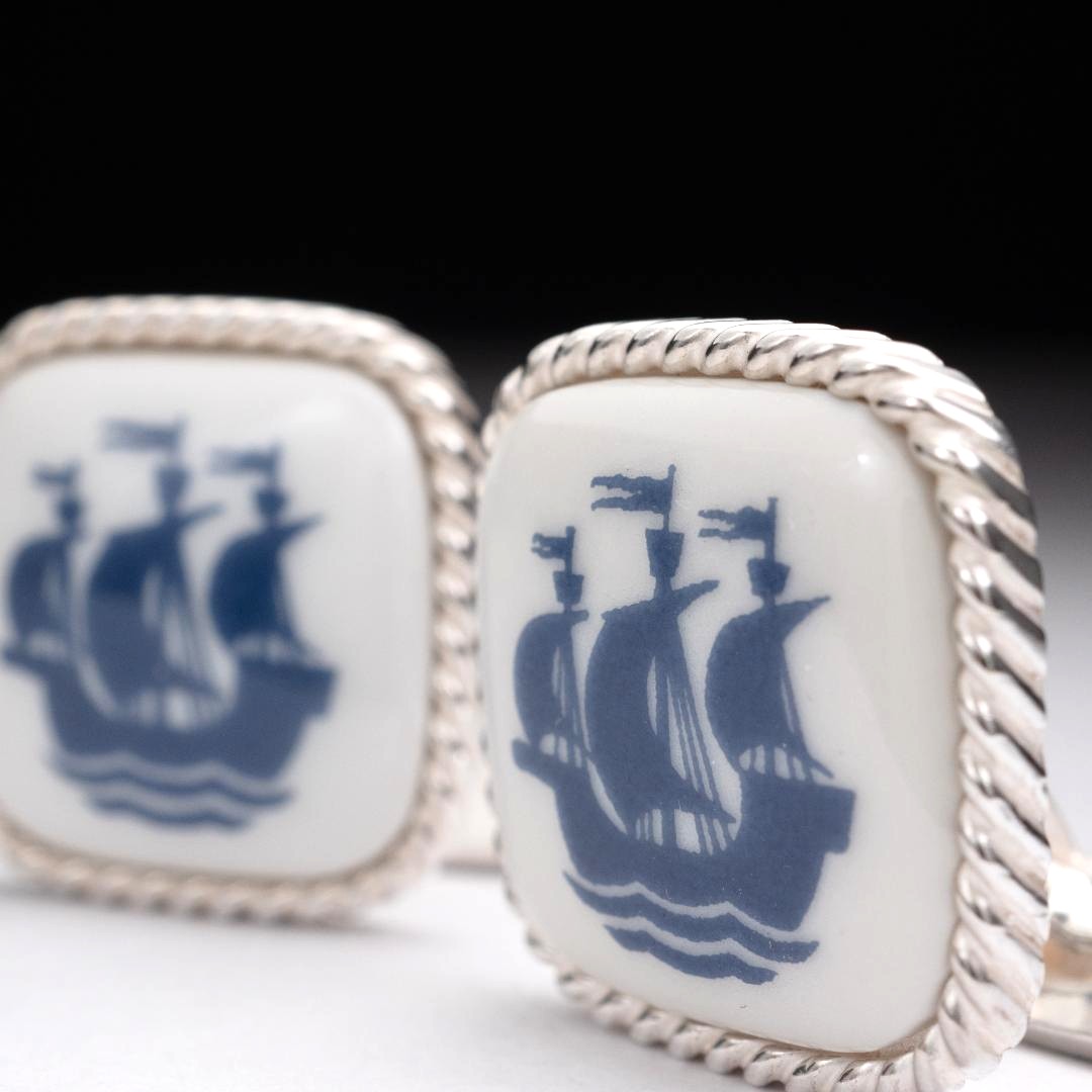 Royal Copenhagen x Georg Jensen Silver 925 Sailing Ship Cufflinks Denmark 2.3cm