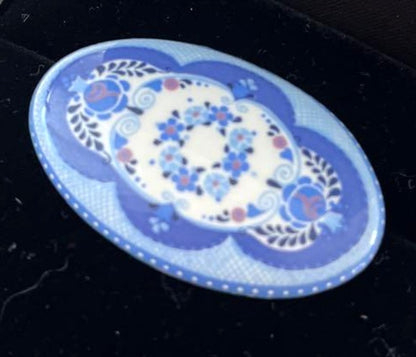 Michaela Frey Wien Enamel Brooch Pin Blue Floral Oval Handmade Austria Vintage