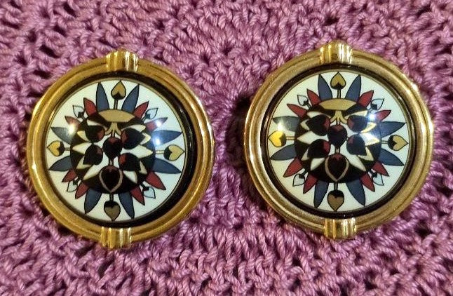 MICHAELA FREY WIEN Clip-On Earrings Round Gold Enamel Floral Austria Vintage