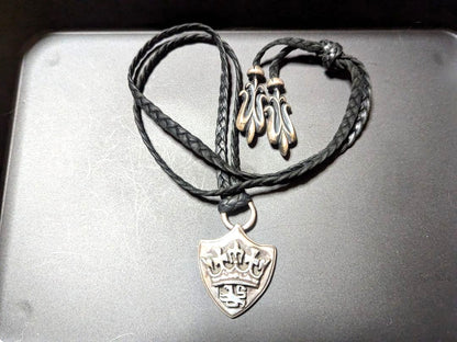 A&G Lion Heart Silver 925 Shield Choker Necklace Crown Braided Leather 19.7in