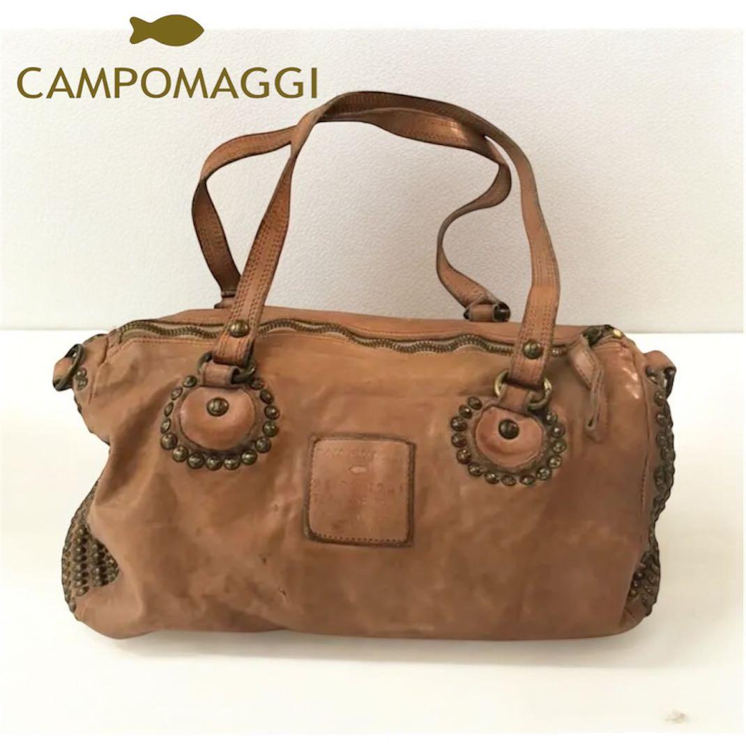 CAMPOMAGGI Studded Leather Boston Bag Camel Tan Italy 2way Vintage Distressed