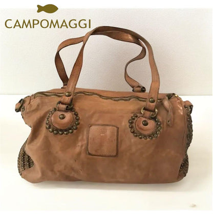 CAMPOMAGGI Studded Leather Boston Bag Camel Tan Italy 2way Vintage Distressed