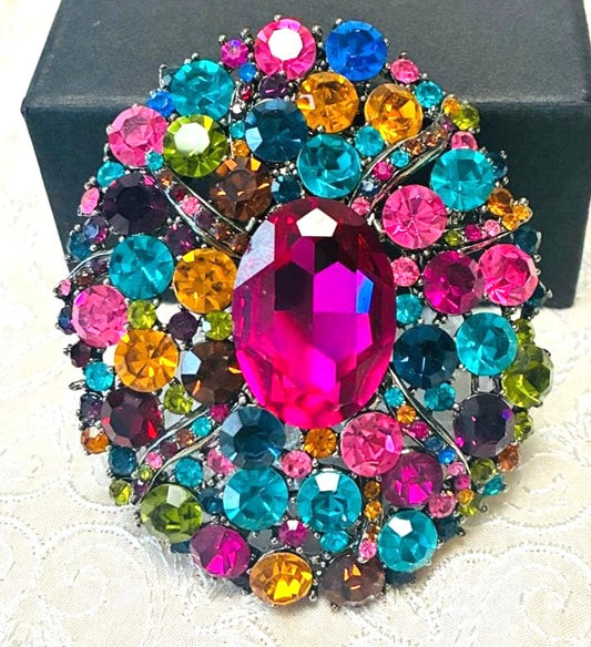 Christian Lacroix Multicolor Crystal Brooch Pin Pink Teal Gold Rhinestone Paris