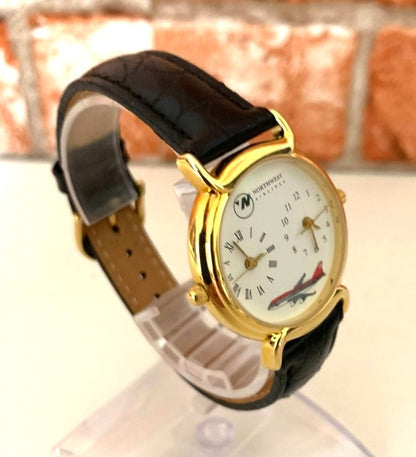 Northwest Airlines Commemorative Quartz Watch Gold Black Airplane Dial Mens Used
