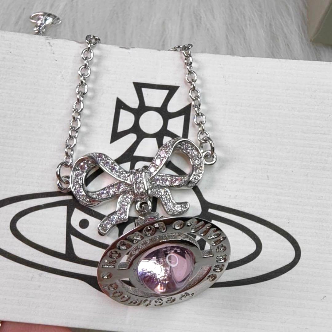 Vivienne Westwood Drop Ribbon Small Orb Necklace Silver Pink Crystal 40-45cm
