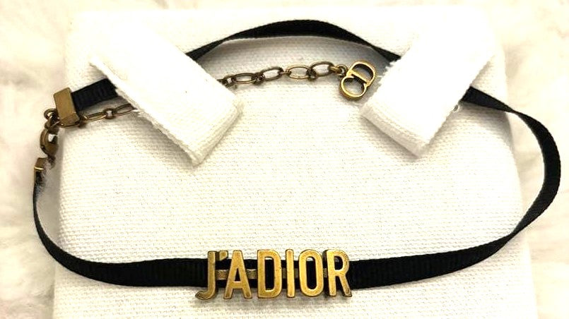 Christian Dior J'ADIOR Choker Necklace Black Ribbon Antique Gold Logo Authentic