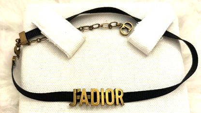 Christian Dior J'ADIOR Choker Necklace Black Ribbon Antique Gold Logo Authentic
