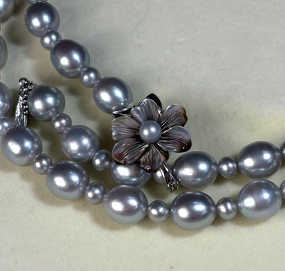 Akoya Pearl Long Necklace Blue Gray 8mm Flower Clasp Silver 25.6in Japan