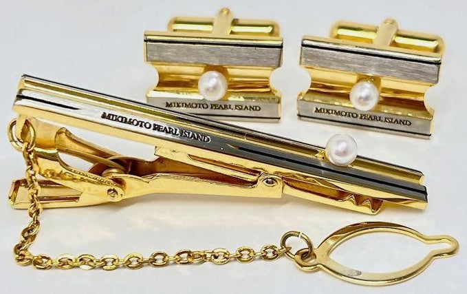 Mikimoto Pearl Island Tie Bar Clip & Cufflinks Set Silver Gold Tone Akoya Japan