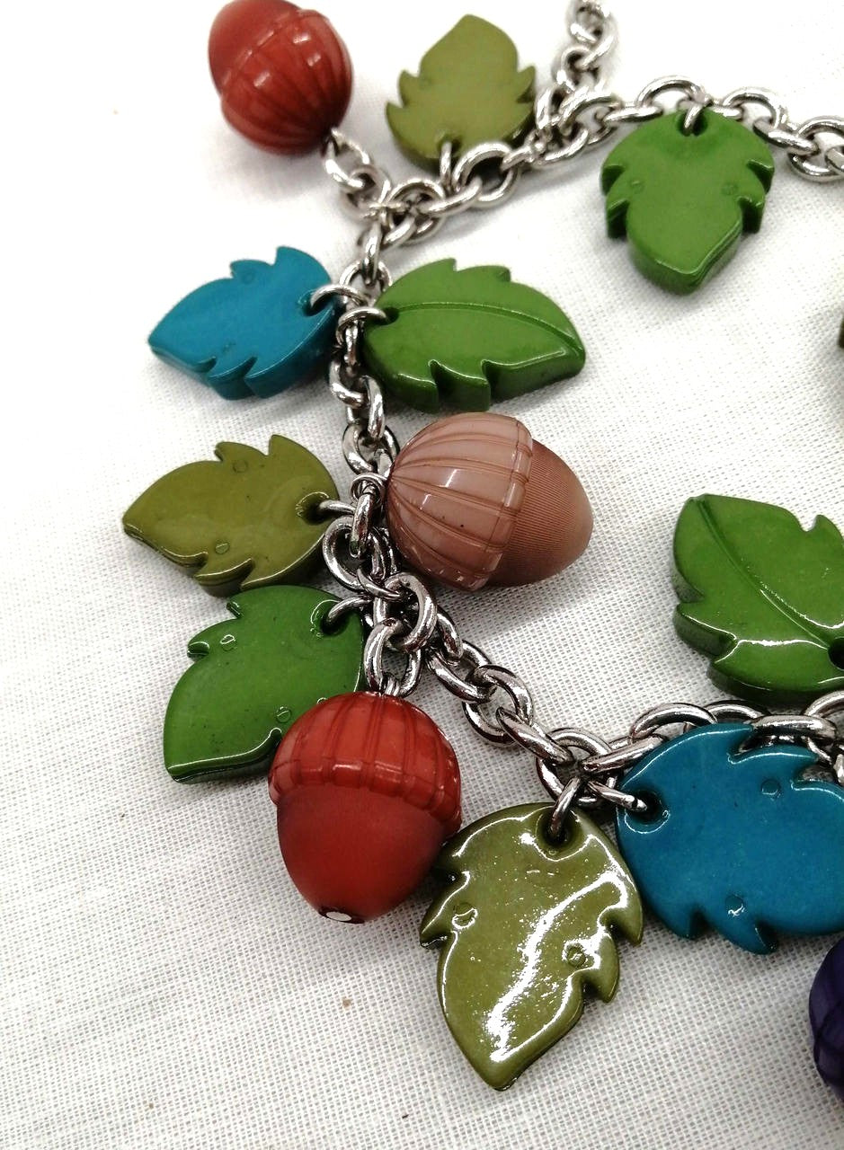 FENDI Leaf Acorn Charm Bracelet Multicolor Resin Silver Tone 16cm 6.3in