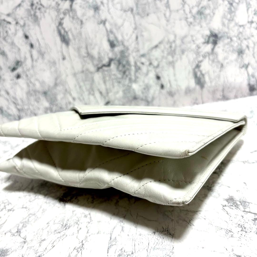 Yves Saint Laurent Clutch Bag Second Bag White Leather Chevron 9.6x6.7in