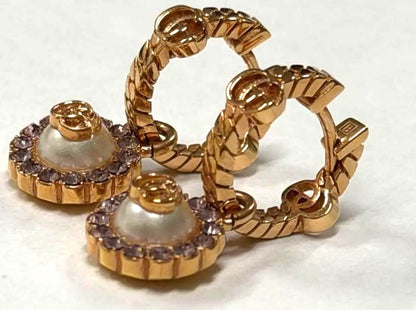 GUCCI Double G Flower Hoop Earrings Pink Gold Pearl Rhinestone 2.3cm Japan
