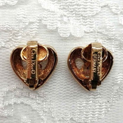 Christian Dior CD Heart Clip-On Earrings Gold Tone Vintage Authentic Germany