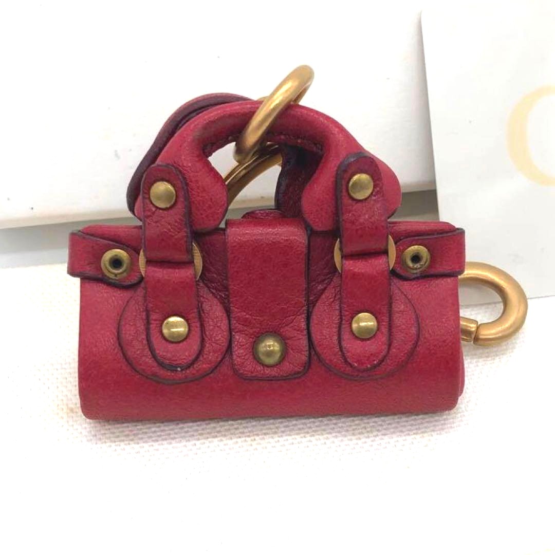 Chloe Paddington Bag Charm Key Ring Red Leather Gold HW Crystal Lock 2.2x2.2in