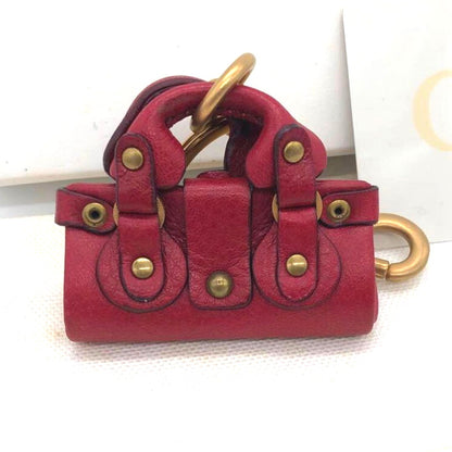 Chloe Paddington Bag Charm Key Ring Red Leather Gold HW Crystal Lock 2.2x2.2in