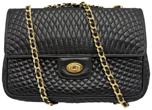 BALLY Quilted Leather Chain Shoulder Bag Black Gold HW 25cm(9.8") Italy Vintage