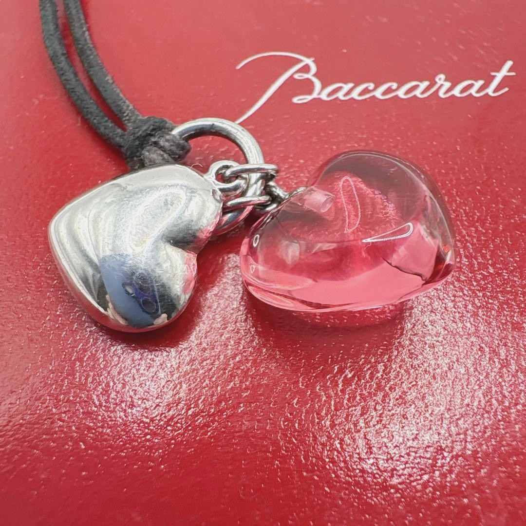 Baccarat Double Heart Choker Necklace Pink Crystal Silver 925 Black Cord w/Box