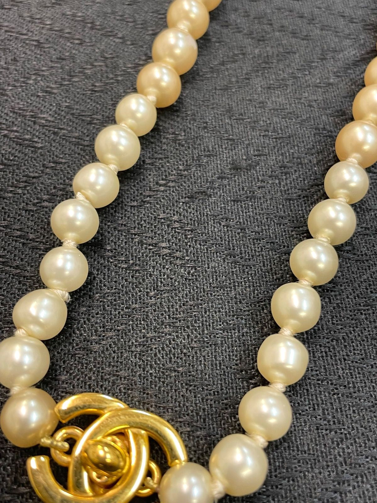 CHANEL CC Turnlock Faux Pearl Necklace Cream Gold Hardware Vintage Authentic