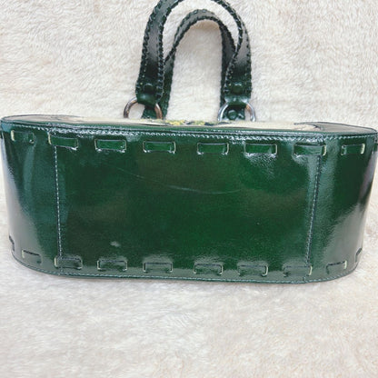 ANNA SUI Embroidered Tote Bag Dark Green Deer Floral Patent Leather Vintage