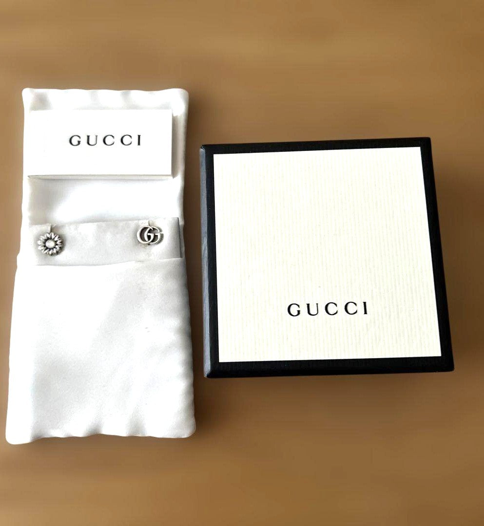 GUCCI Double G GG Marmont Flower Mismatch Stud Earrings Silver 925 Authentic