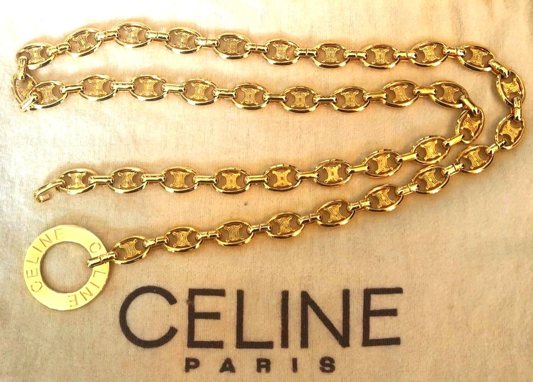 CELINE Paris Vintage Gold Tone Chain Belt Necklace Triomphe Logo Ring 38.6in