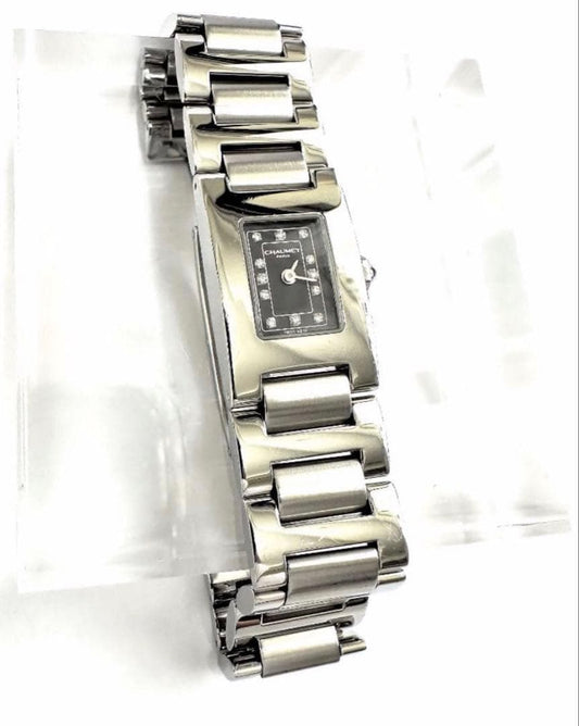 Authentic Chaumet 12P Dimond Black Dial Rectangle Quartz Watch Women 121-10158