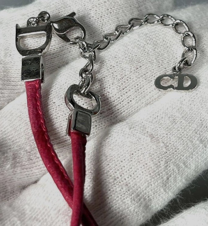 Christian Dior CD Logo Charm Leather Bow Bracelet Pink Silver Tone 6.7-8.7in