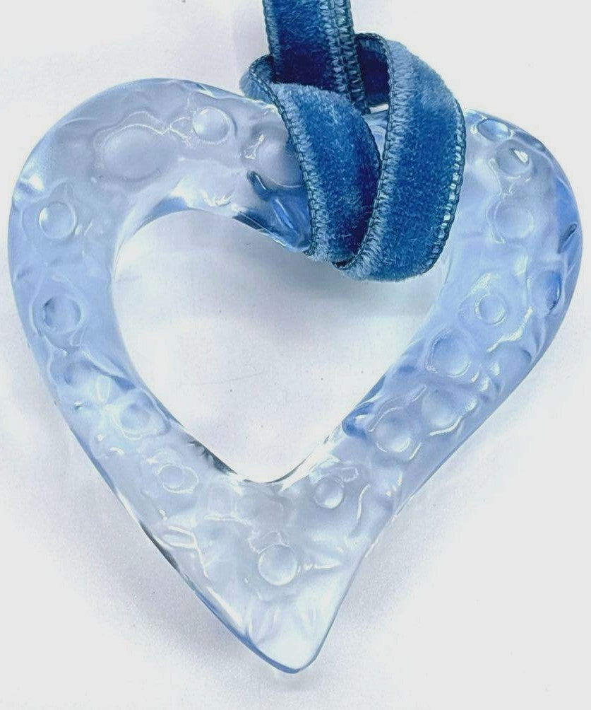 Baccarat Open Heart Pendant Necklace Light Blue Sable Crystal Glass Ribbon Cord