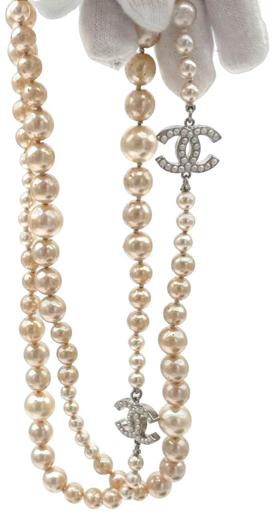 CHANEL Long Pearl Necklace CC Logo Cream Faux Pearl Silver HW 90cm 35.4" Used