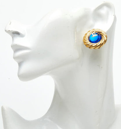 CHANEL CC Logo Gripoix Vintage Round Clip Earrings Gold Blue Glass France