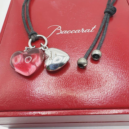 Baccarat Double Heart Choker Necklace Pink Crystal Silver 925 Black Cord w/Box