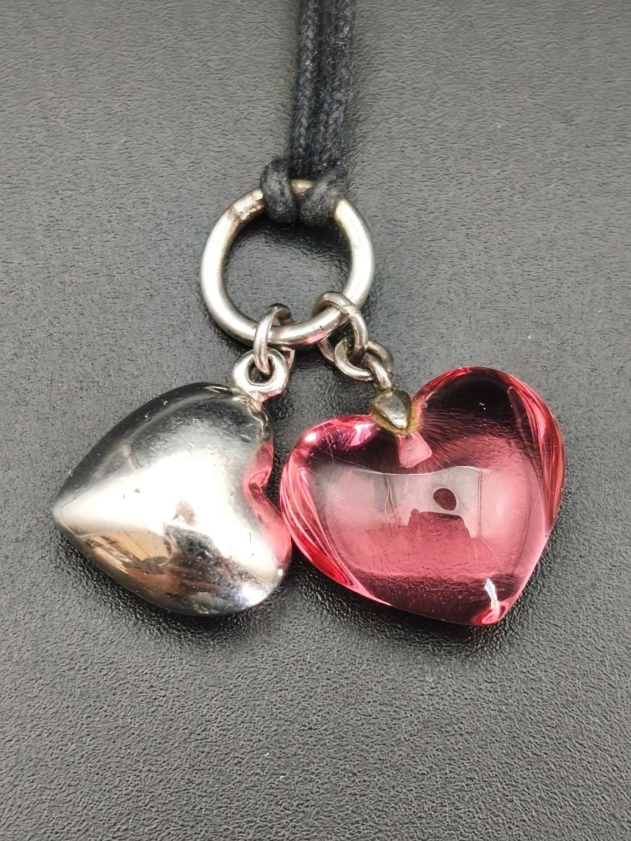 Baccarat Double Heart Necklace Pink Crystal Sterling Silver 925 Adjustable Used
