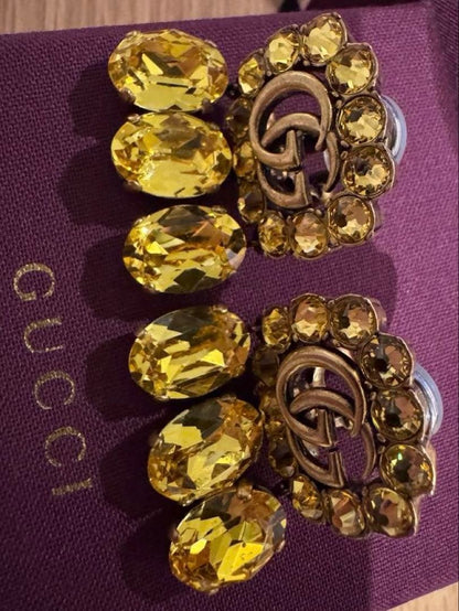 GUCCI Double G Crystal Drop Earrings Yellow Brass Vintage Style Authentic MInt