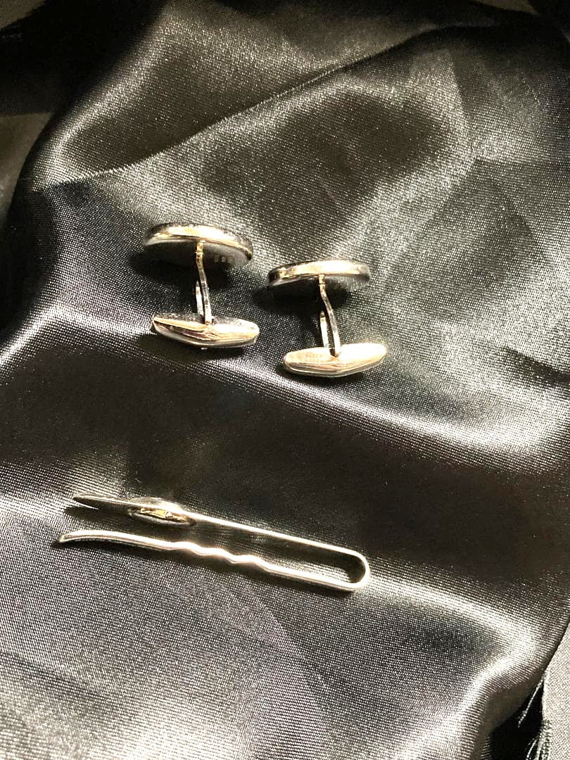 GUCCI Vintage Interlocking GG Sherry Line Cufflinks Tie Clip Set Silver Gold