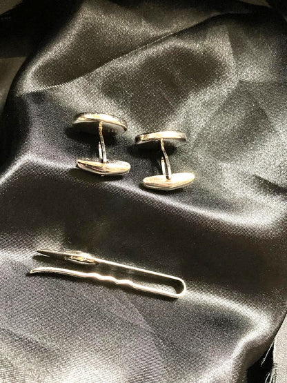 GUCCI Vintage Interlocking GG Sherry Line Cufflinks Tie Clip Set Silver Gold