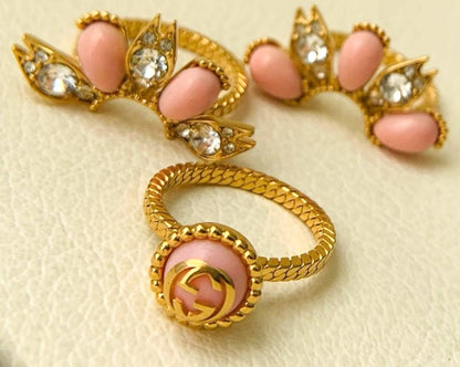 GUCCI Flower Ring Set 3-Band Coral Pink Crystal Gold Tone SizeS US6.5 EUR52 Auth
