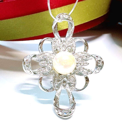 Akoya Pearl Silver Tone Flower Pendant Top Brooch 2-Way CZ Accent Japan Used