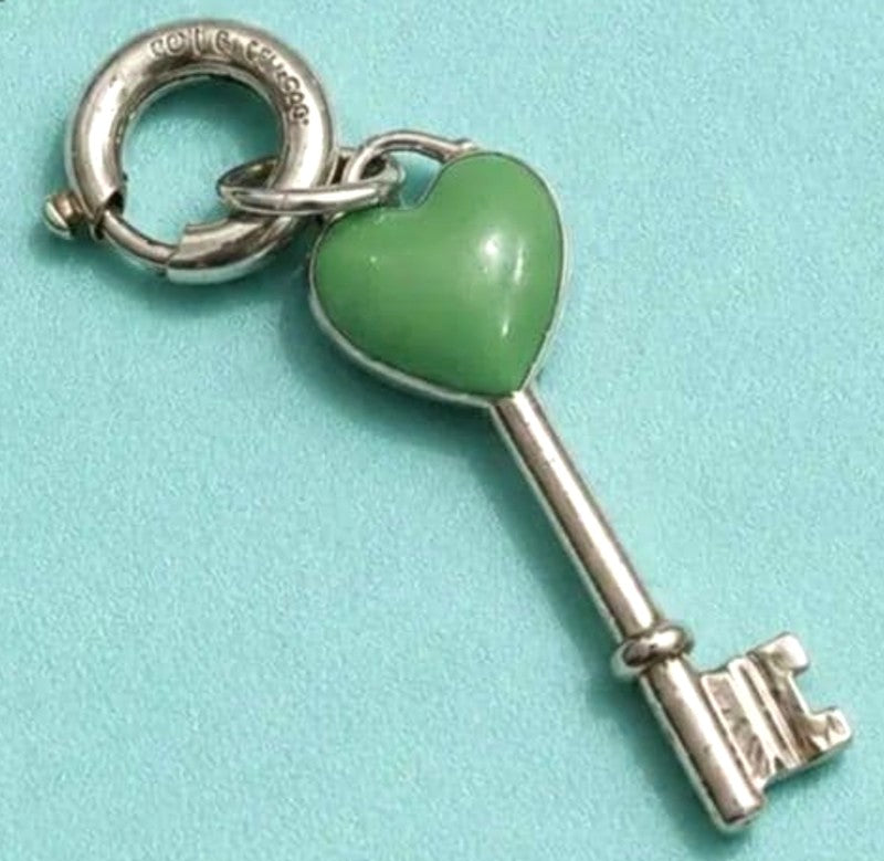 Tiffany & Co Key Charm Pendant Top Silver 925 Green Heart Enamel Sterling 3.5cm