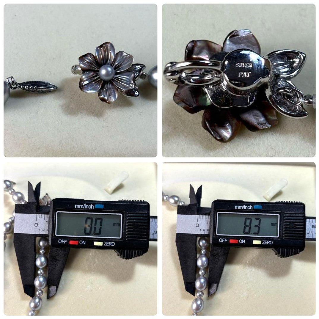 Akoya Pearl Long Necklace Blue Gray 8mm Flower Clasp Silver 25.6in Japan